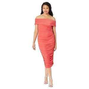 Little Mistress Hoxton Dress Women's 14 Orange Ruched Off The Shoulder JDM575